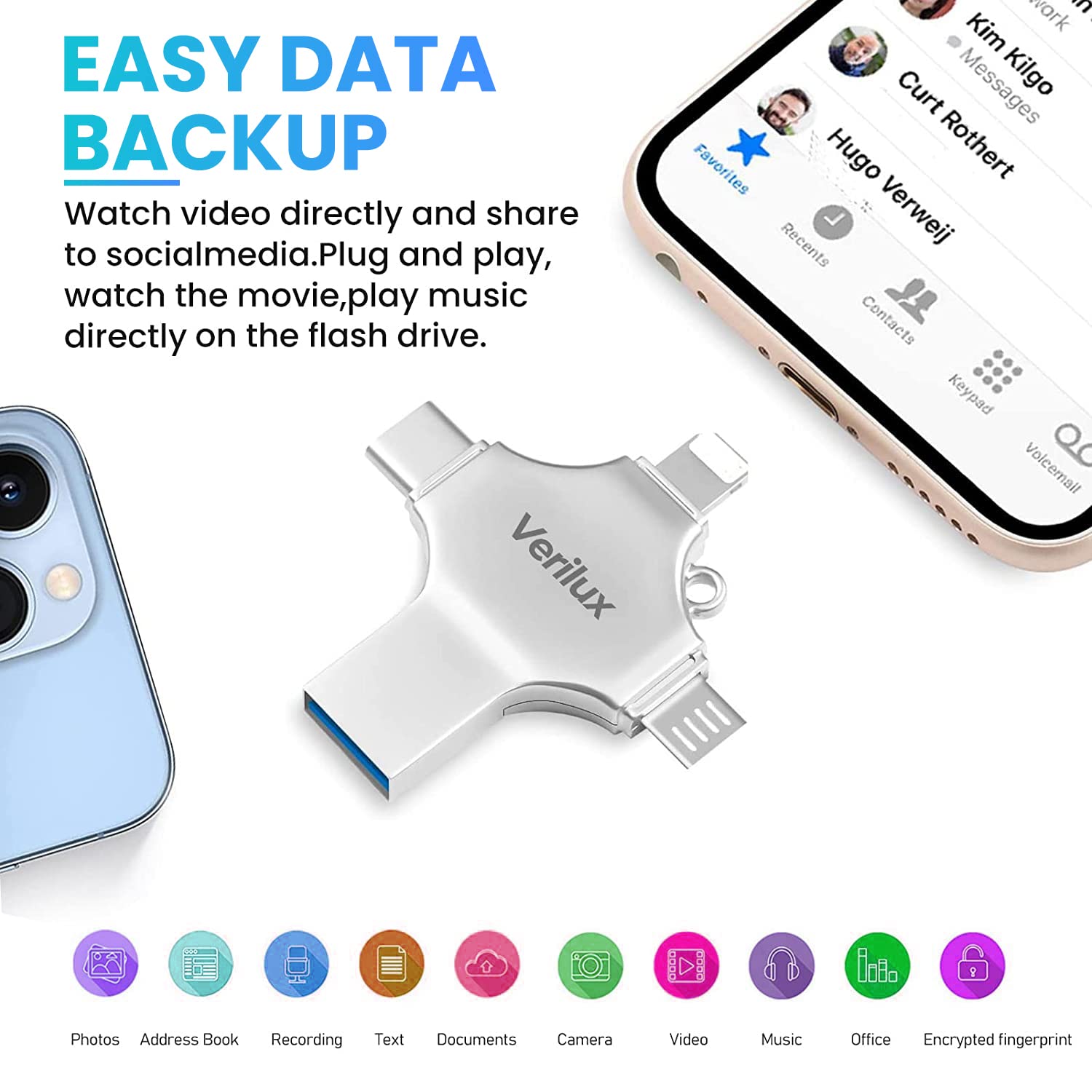 Verilux Pendrive 128GB 4 in 1 Flash Drive with Light-ning, Micro USB, USB A, Type-C Interface Mini Hangable PenDrive for iOS & Android Compatible with iPhone, iPad, Android, PC and More Devices Verilux Pendrive 128GB 4 in 1 Flash Drive with Light-ning, Micro USB, USB A, Type-C Interface Mini Hangable PenDrive for iOS & Android Compatible with iPhone, iPad, Android, PC and More Devices